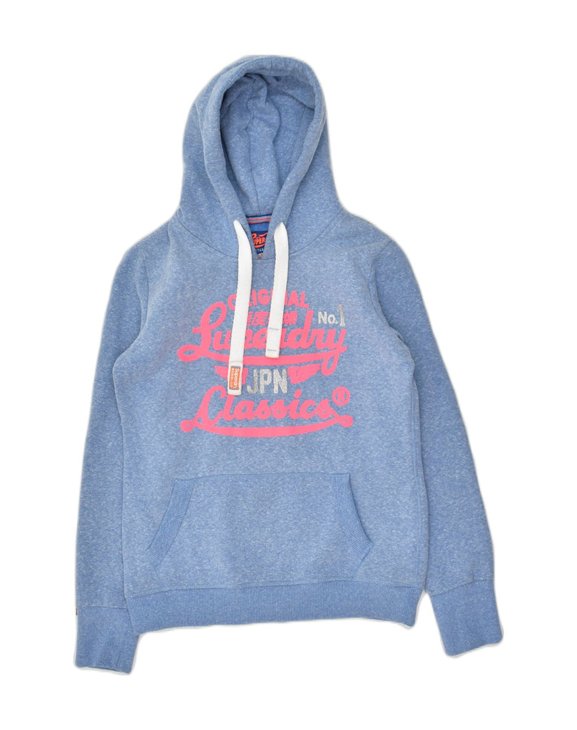 SUPERDRY Womens Graphic Hoodie Jumper UK 12 Medium Blue Polyester | Vintage Superdry | Thrift | Second-Hand Superdry | Used Clothing | Messina Hembry 