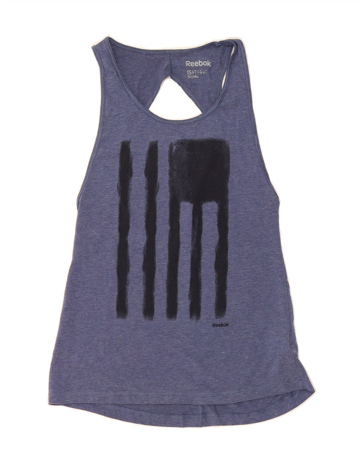 REEBOK Womens Graphic Vest Top UK 8 Small Blue Polyester Vintage Reebok and Second-Hand Reebok from Messina Hembry 