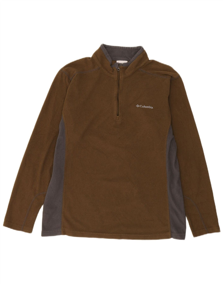 COLUMBIA Mens Zip Neck Fleece Jumper Large Brown Colourblock Polyester