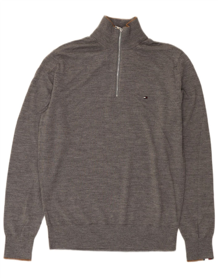Tommy Hilfiger Mens Zip Neck Jumper Sweater Medium Grey Merino Wool