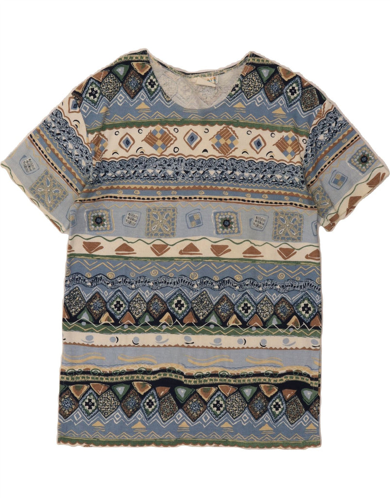 VINTAGE Womens Graphic T-Shirt Top UK 14 Medium Blue Geometric Cotton Vintage Vintage and Second-Hand Vintage from Messina Hembry 