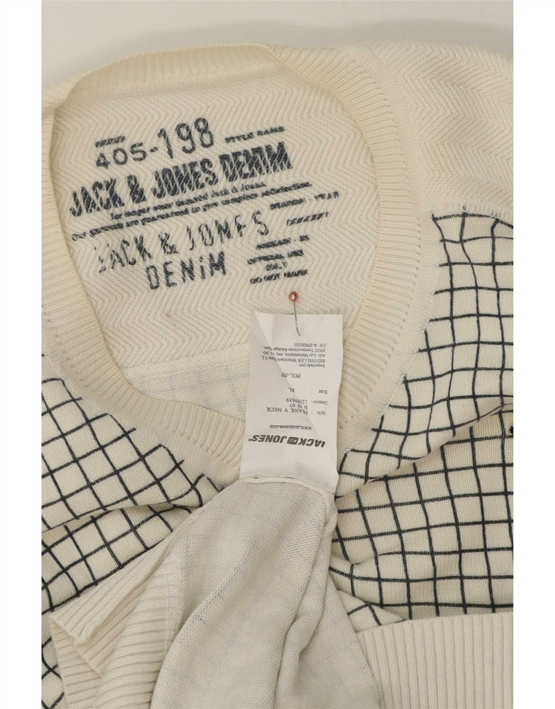 Jack & Jones Mens V-Neck Jumper Sweater XL White Check Cotton