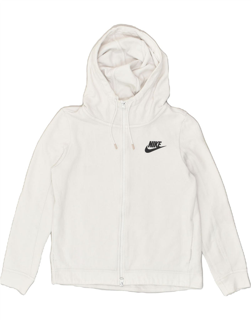 NIKE Womens Graphic Zip Hoodie Sweater UK 10 Small White Cotton | Vintage Nike | Thrift | Second-Hand Nike | Used Clothing | Messina Hembry 