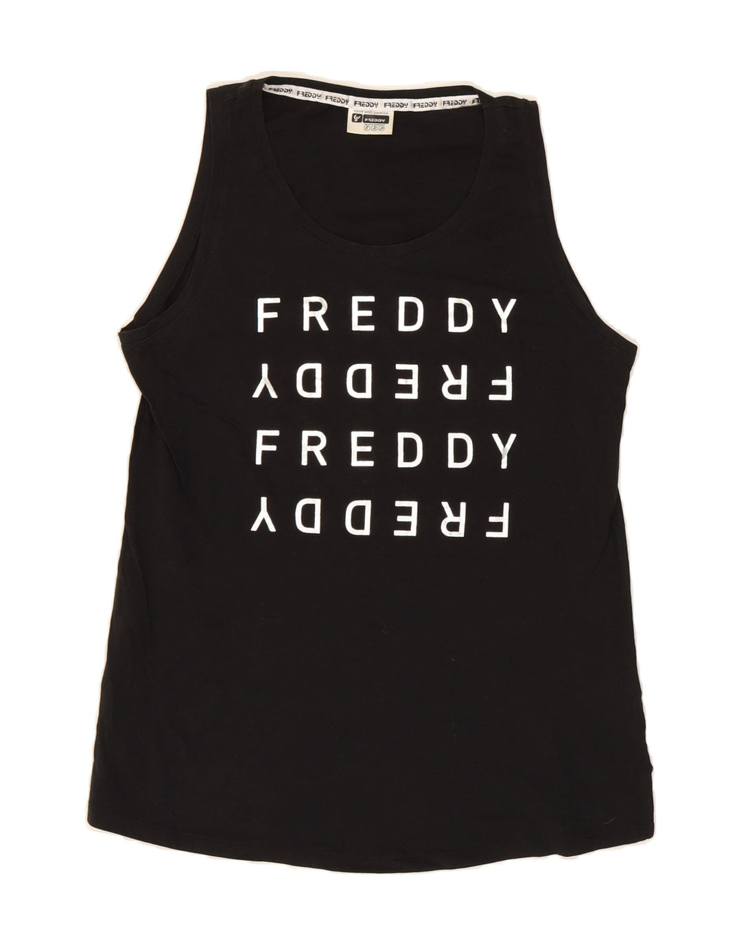 FREDDY Womens Graphic Vest Top UK 12 Medium  Black Cotton Vintage Freddy and Second-Hand Freddy from Messina Hembry 