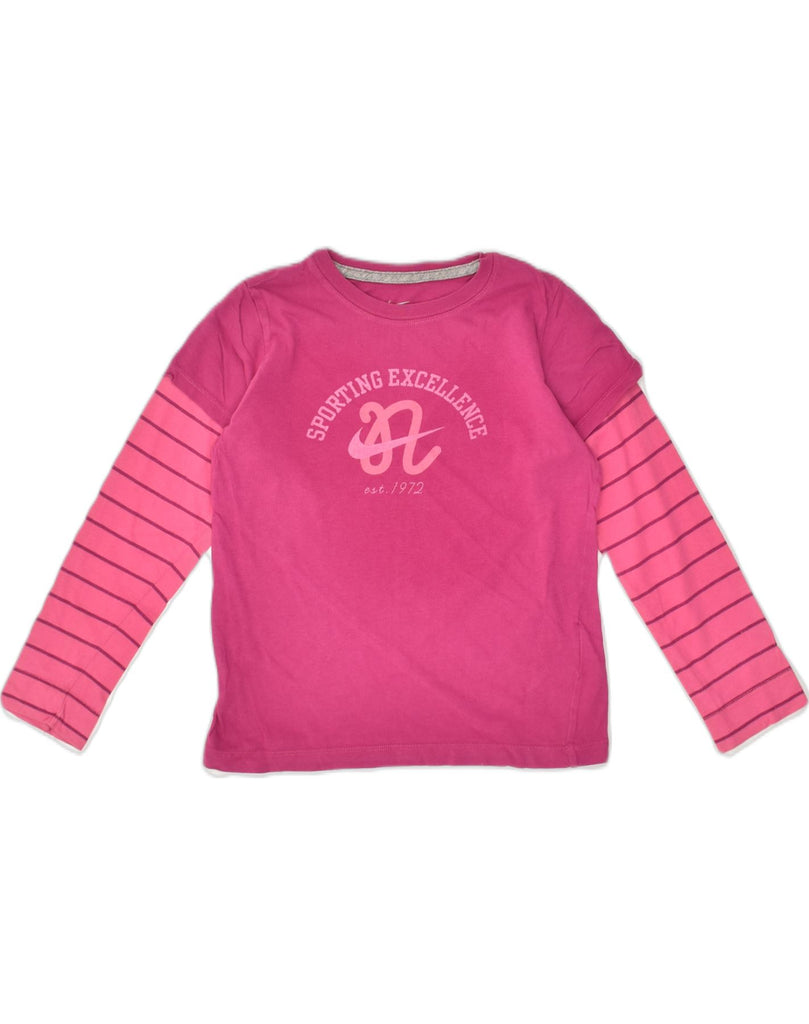 NIKE Girls Graphic Top Long Sleeve 7-8 Years XL Pink Colourblock Cotton | Vintage Nike | Thrift | Second-Hand Nike | Used Clothing | Messina Hembry 