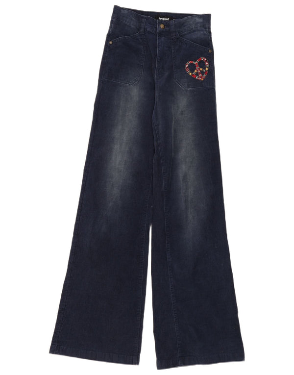 Desigual Womens High Waist Corduroy Trousers EU 34 XS W26 L33 Navy Blue