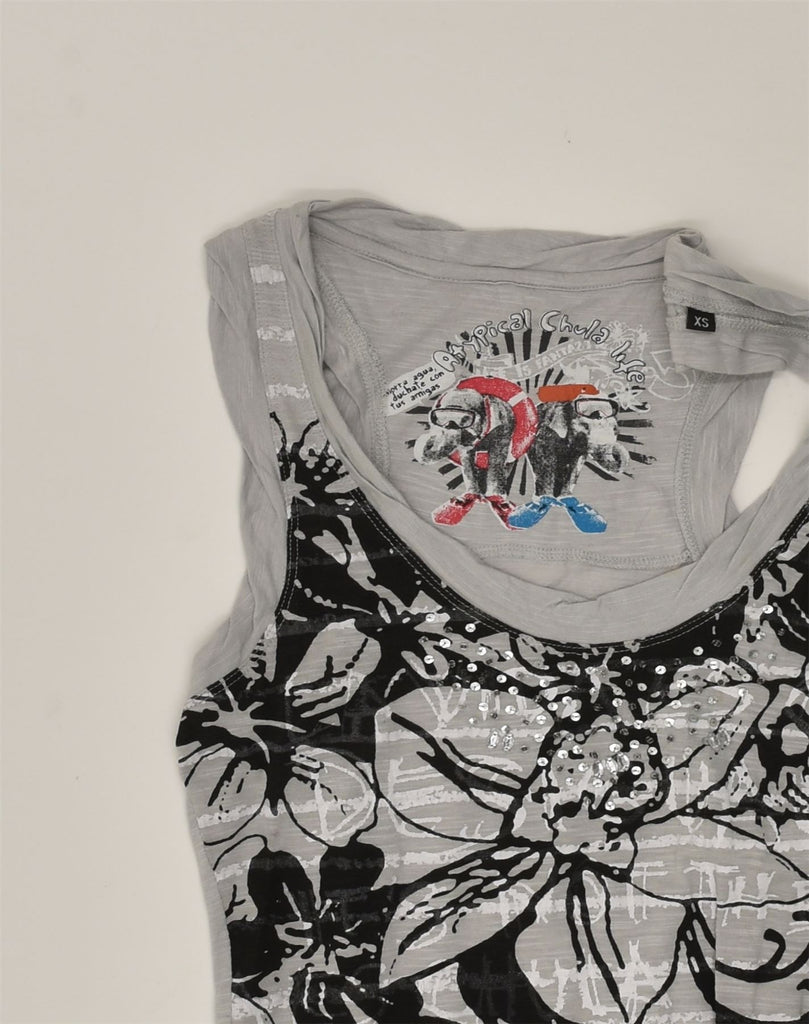 DESIGUAL Womens Graphic Vest Top UK 4 XS Grey Floral Cotton | Vintage Desigual | Thrift | Second-Hand Desigual | Used Clothing | Messina Hembry 