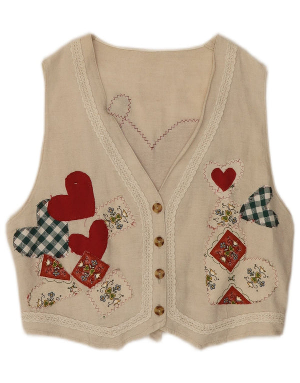 Vintage Womens Waistcoat UK 14 Medium Beige Floral Cotton Heart