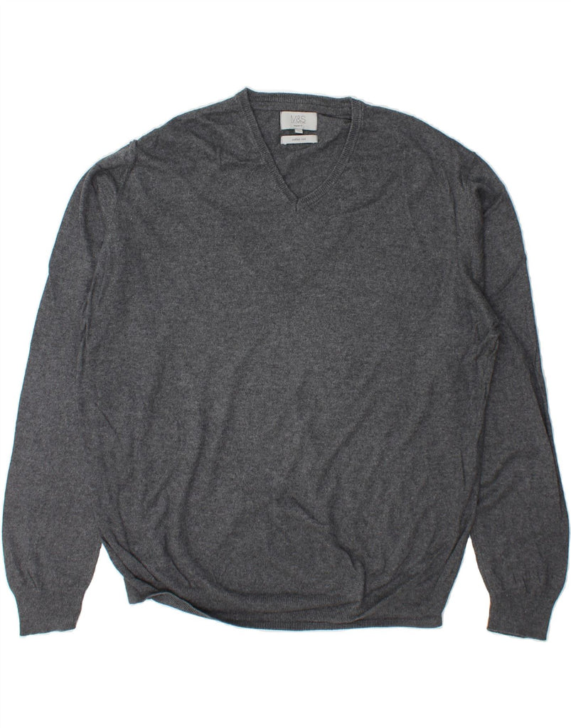 MARKS & SPENCER Mens Regular Fit V-Neck Jumper Sweater XL Grey Cotton Vintage Marks & Spencer and Second-Hand Marks & Spencer from Messina Hembry 