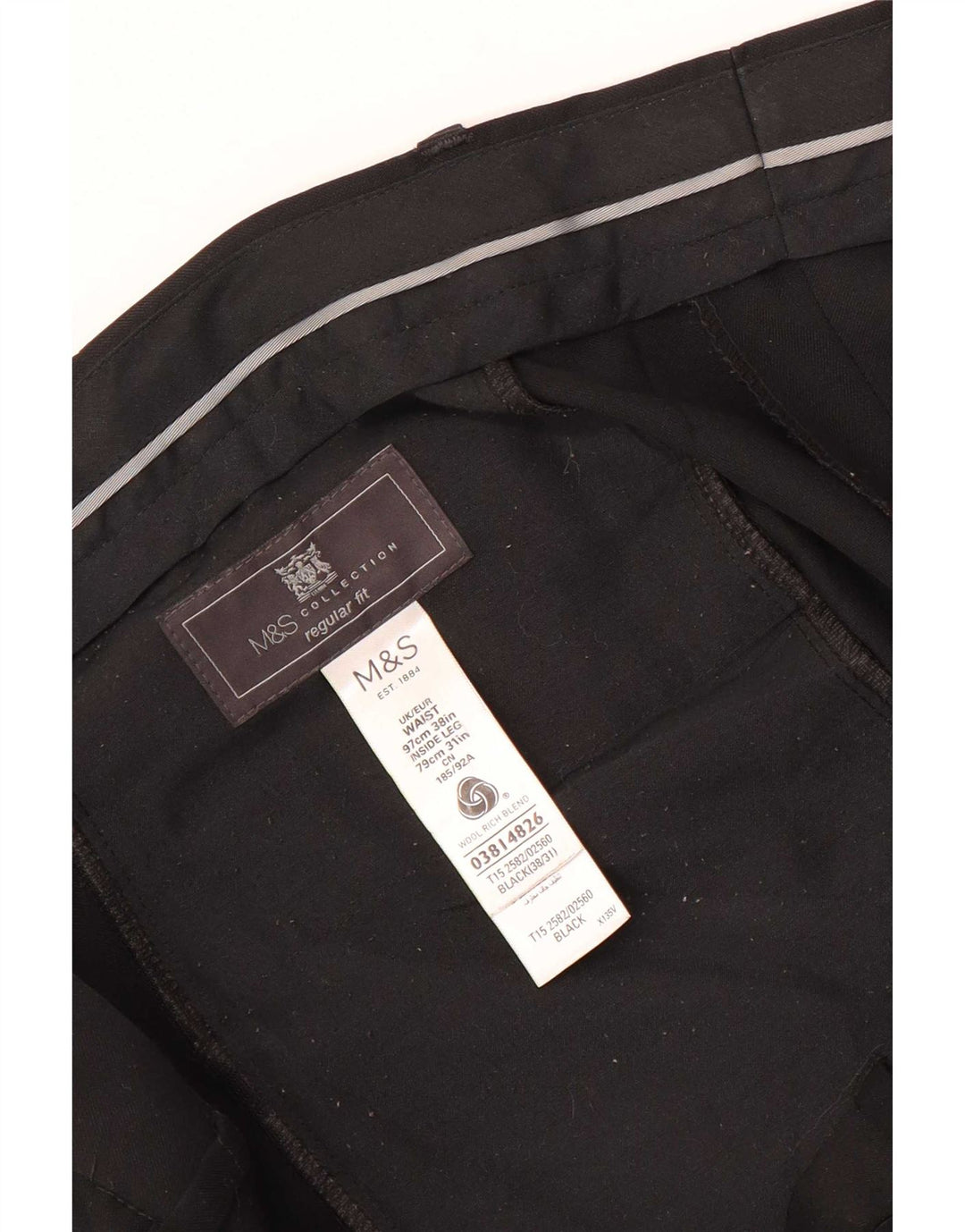 Marks & Spencer Mens Regular Fit Suit Trousers W38 L31 Black Wool