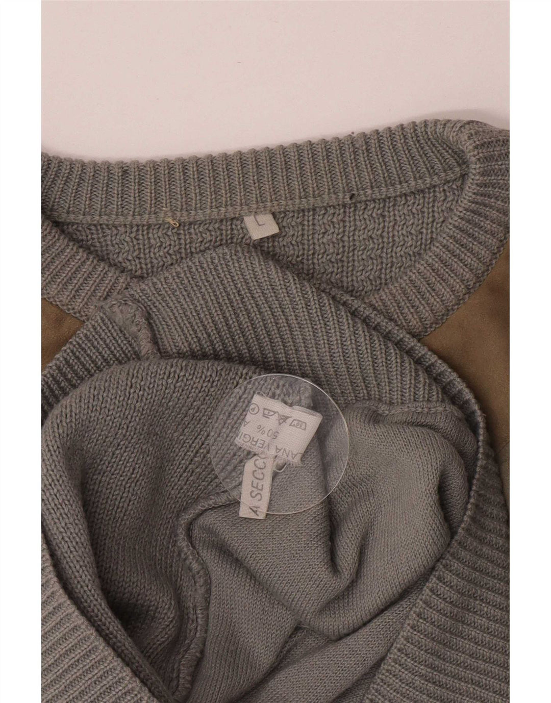 Vintage Mens Crew Neck Jumper Sweater Large Grey Colourblock Wool