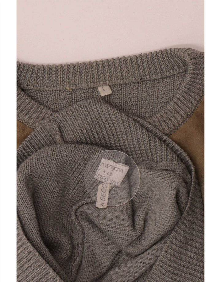 Vintage Mens Crew Neck Jumper Sweater Large Grey Colourblock Wool