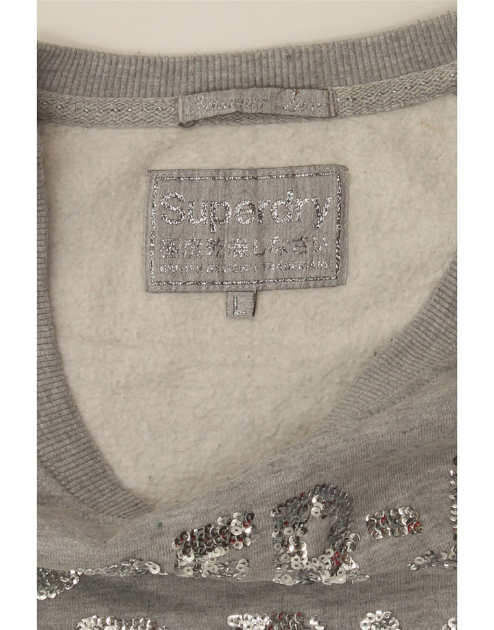 SUPERDRY Womens Track & Field Graphic Sweatshirt Jumper UK 16 Large Grey Vintage Superdry and Second-Hand Superdry from Messina Hembry 