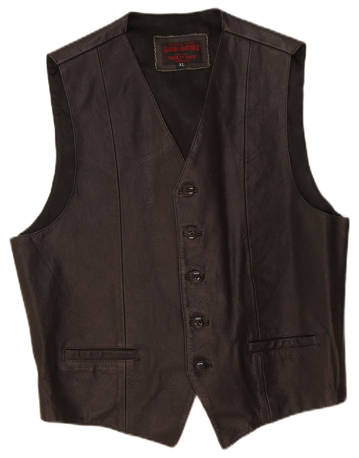 Vintage Mens Leather Waistcoat  XL Black Leather