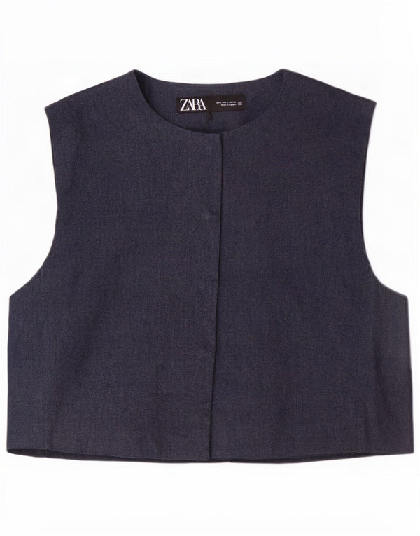 Zara Womens Crop Denim Waistcoat UK 14 Large Navy Blue Cotton