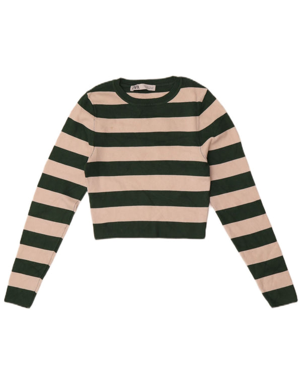 Zara Womens Crop Top Long Sleeve UK 12 Medium Green Striped Viscose