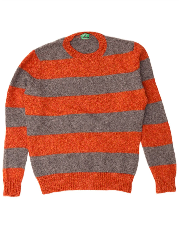 BENETTON Mens Crew Neck Jumper Sweater Small Orange Striped Virgin Wool