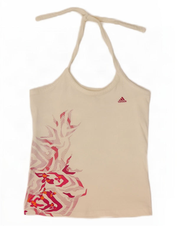 Adidas Womens Crop Vest Top UK 10 Small Off White Geometric Cotton Sports
