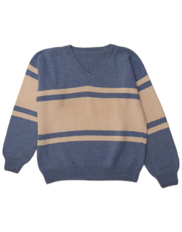 VINTAGE Mens V-Neck Jumper Sweater Large Blue Colourblock