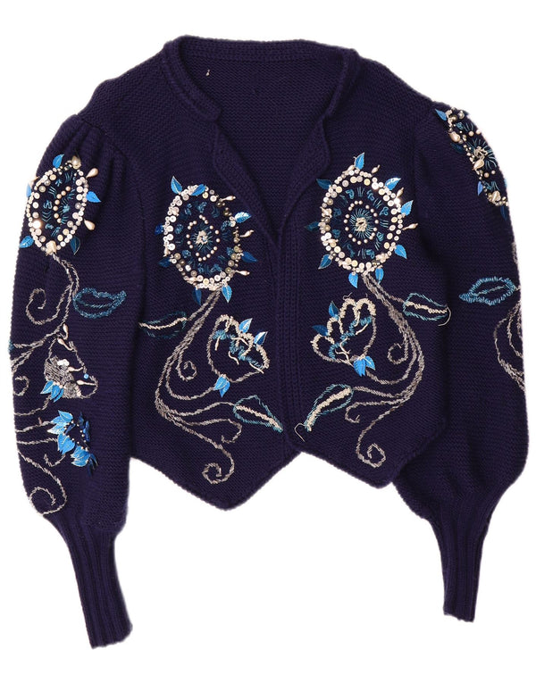Vintage Womens Bolero Jumper UK 14 Medium Navy Blue Floral