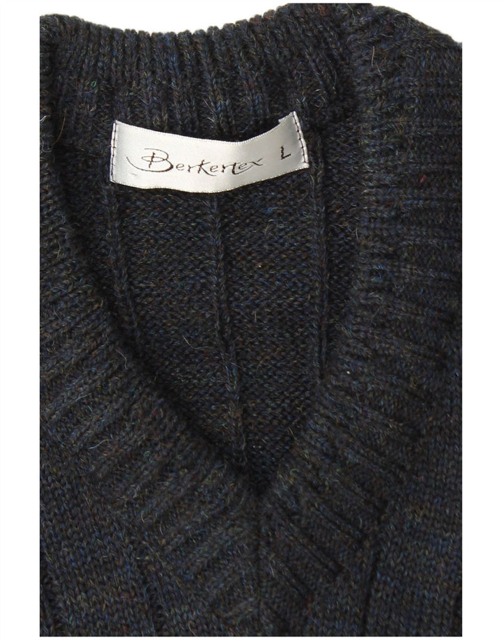 BERKERTEX  Mens V-Neck Jumper Sweater Large Navy Blue Argyle/Diamond