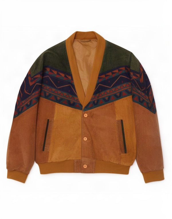 Vintage Mens Loose Fit Suede Bomber Jacket UK 38 Medium Beige Geometric