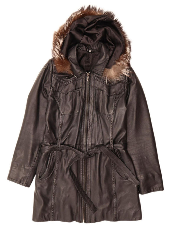 Vintage Womens Hooded Leather Coat UK 14 Medium Black