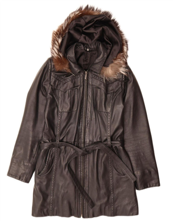 Vintage Womens Hooded Leather Coat UK 14 Medium Black