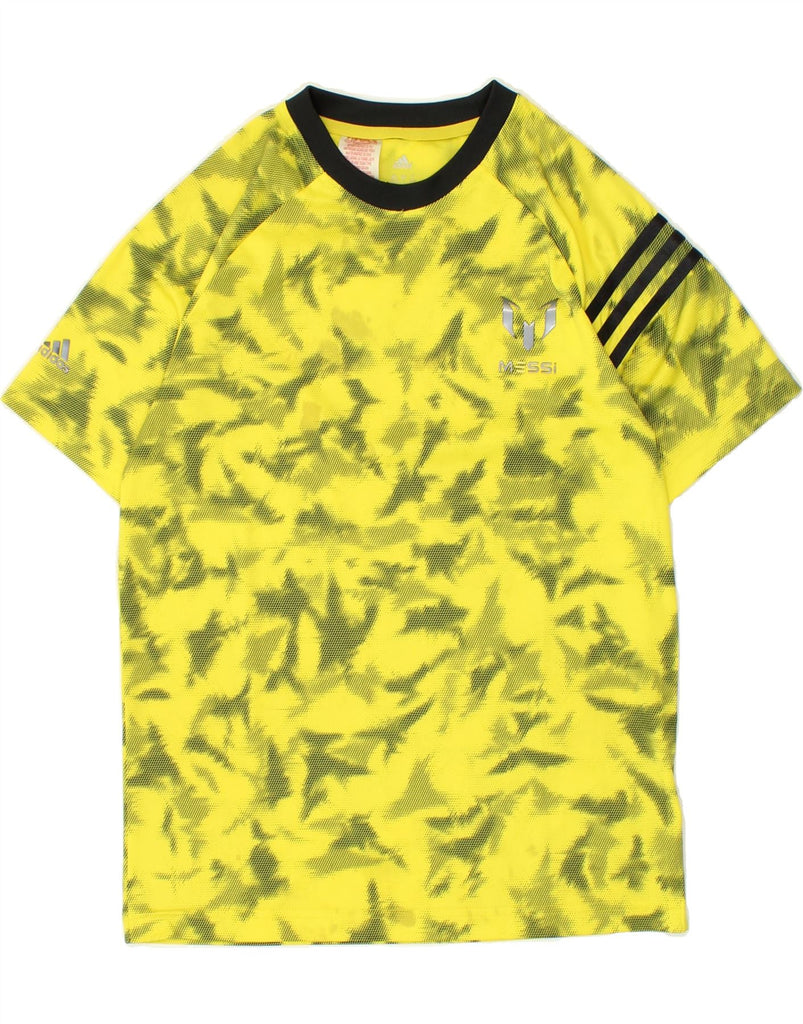 ADIDAS Boys MESSI Graphic T-Shirt Top 13-14 Years Yellow Camouflage Vintage Adidas and Second-Hand Adidas from Messina Hembry 