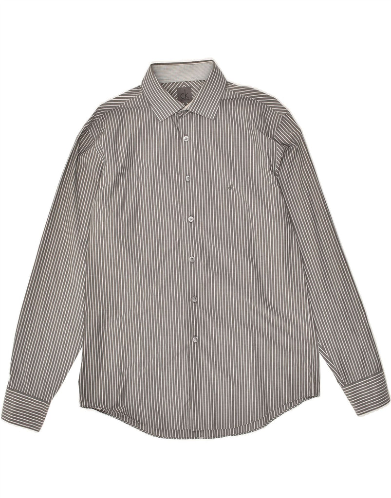 CALVIN KLEIN Mens Slim Fit Shirt Size 16 41 Large Grey Striped Cotton | Vintage Calvin Klein | Thrift | Second-Hand Calvin Klein | Used Clothing | Messina Hembry 