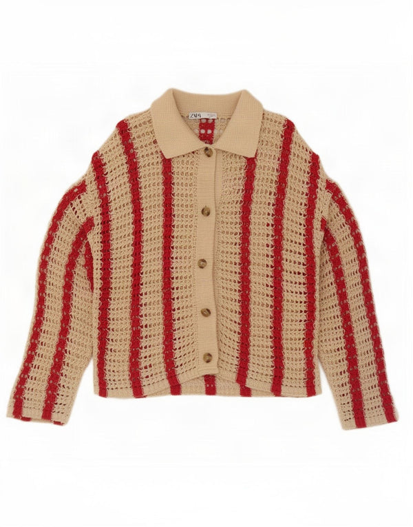 Zara Womens Oversized Crochet Cardigan Sweater UK 10 Small Beige Striped