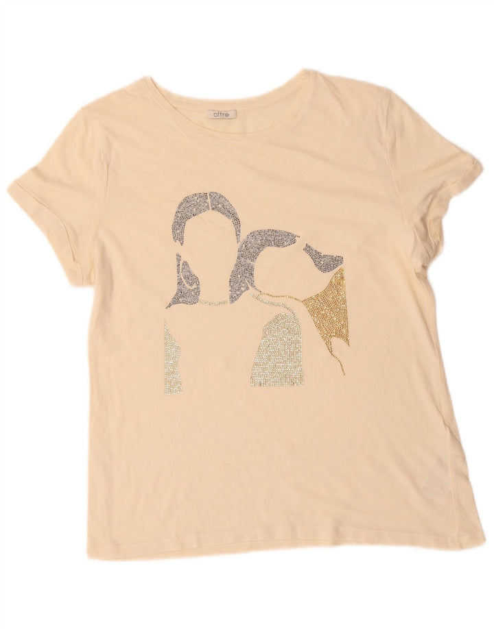 OLTRE Womens Graphic T-Shirt Top UK 14 Medium Off White Cotton