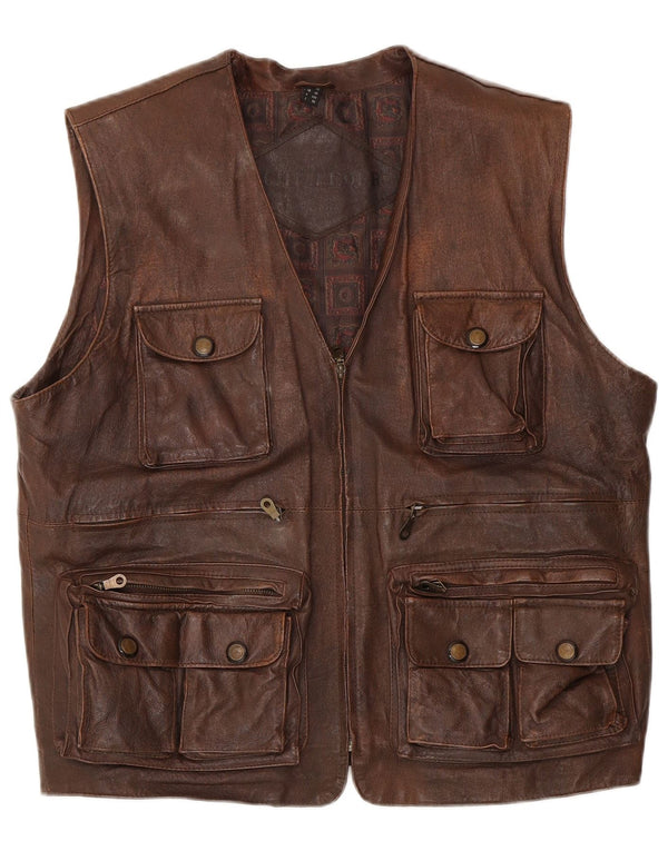 Vintage Mens Leather Gilet UK 40 Large Brown Leather