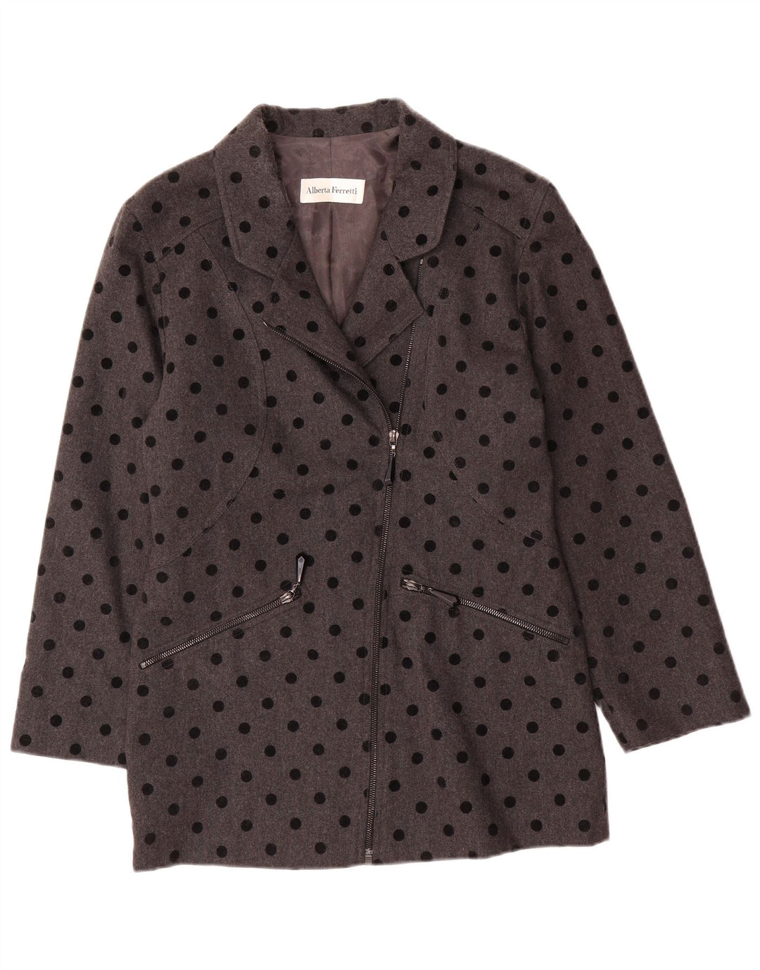 ALBERTA FERRETTI Womens Overcoat UK 8 Small Grey Polka Dot Wool