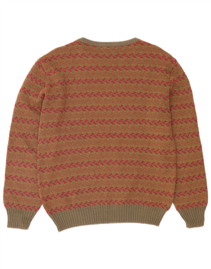 Vintage Mens Crew Neck Jumper Sweater Medium Khaki Geometric Wool