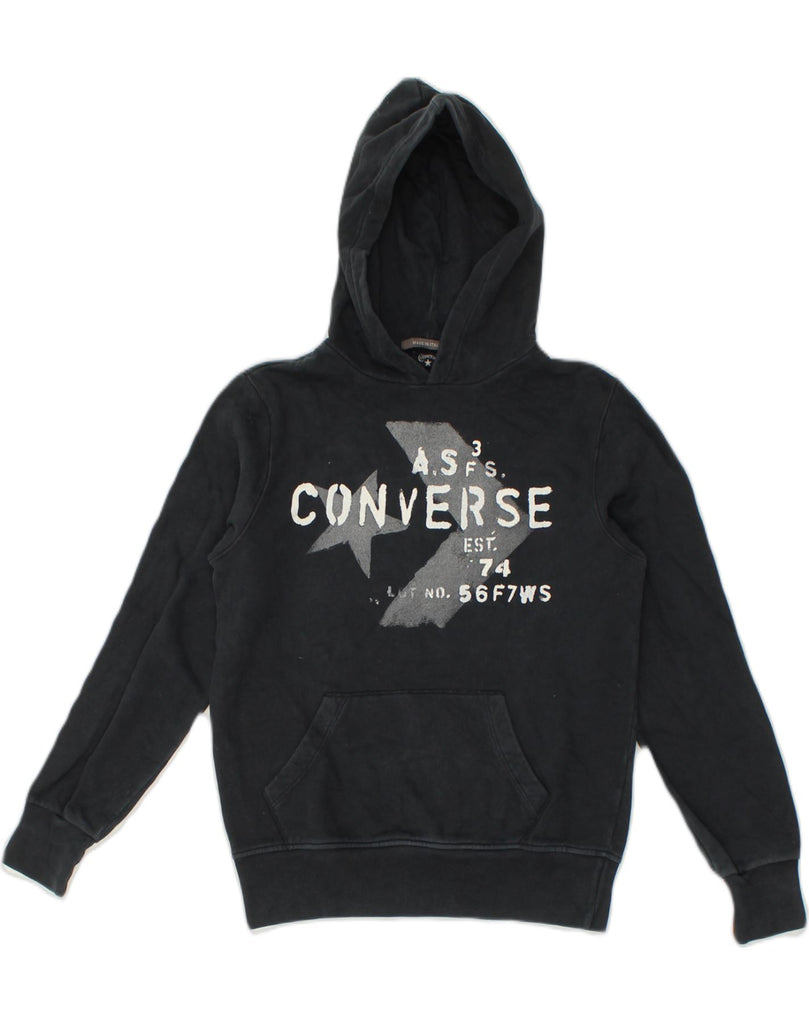 CONVERSE Womens Graphic Hoodie Jumper UK 12 Medium Navy Blue Cotton | Vintage Converse | Thrift | Second-Hand Converse | Used Clothing | Messina Hembry 