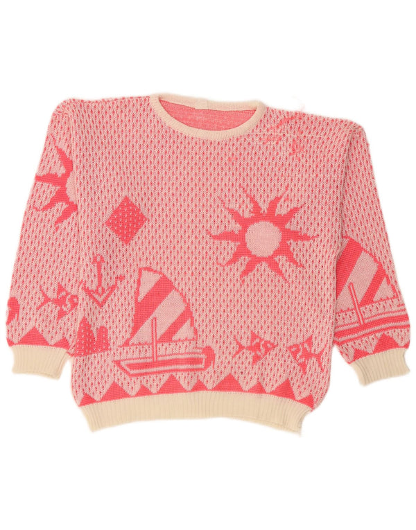 Vintage Womens Graphic Boat Neck Jumper Sweater UK 14 Large Pink Geometric