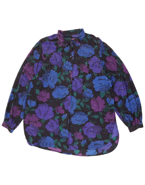 Vintage Womens Oversized Shirt Blouse UK 16 Large Blue Floral
