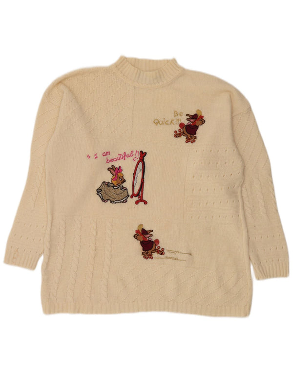 Vintage Womens Graphic Turtle Neck Jumper Sweater UK 14 Medium Off White