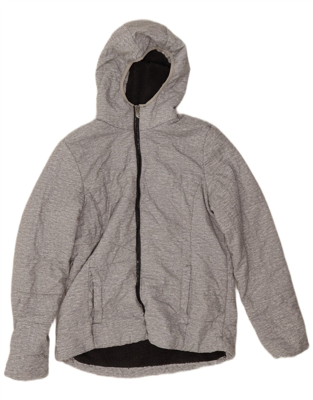 New Balance Womens Hooded Sherpa Jacket UK 14 Medium Grey Herringbone