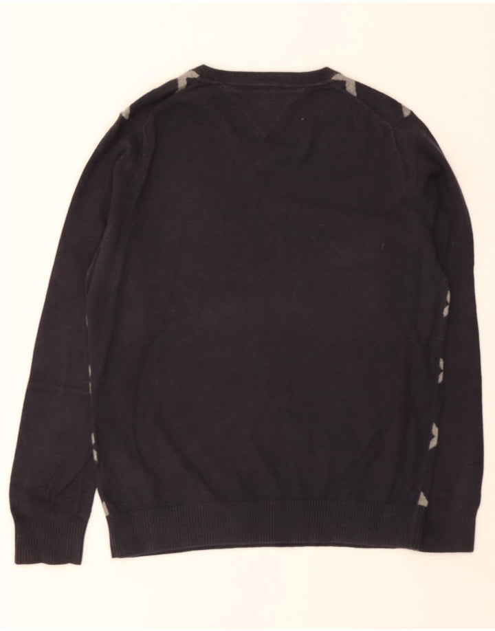 TOMMY HILFIGER Mens V-Neck Jumper Sweater Medium Navy Blue Argyle/Diamond Vintage Tommy Hilfiger and Second-Hand Tommy Hilfiger from Messina Hembry 