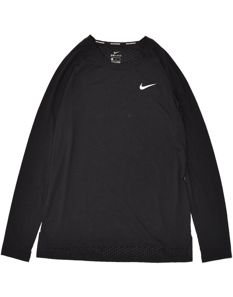 NIKE Womens Dri Fit Graphic Top Long Sleeve UK 14 Medium Black Polyester | Vintage Nike | Thrift | Second-Hand Nike | Used Clothing | Messina Hembry 