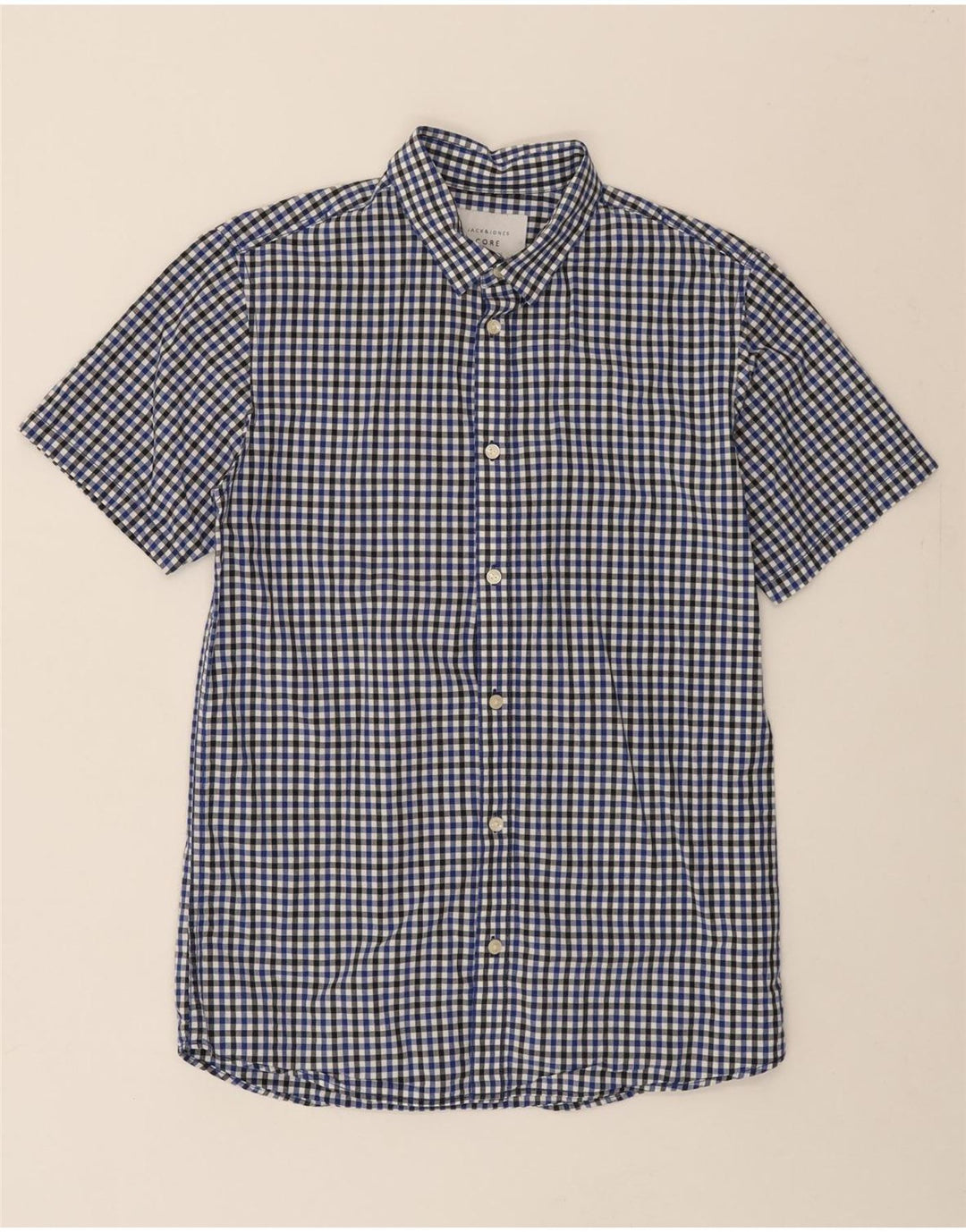 JACK & JONES Mens Slim Fit Short Sleeve Shirt Small Blue Gingham Cotton Vintage Jack & Jones and Second-Hand Jack & Jones from Messina Hembry 