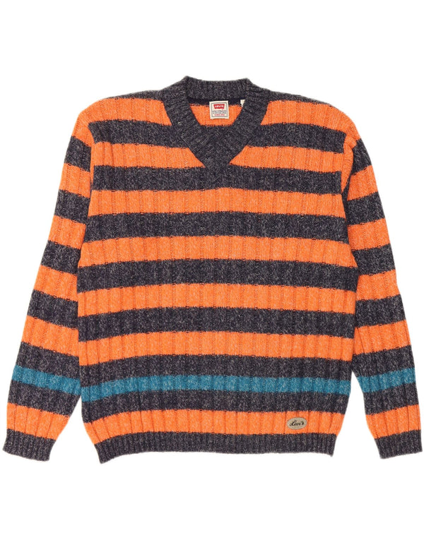 Levi's Mens V-Neck Jumper Sweater Small Orange Striped Alpaca Wool