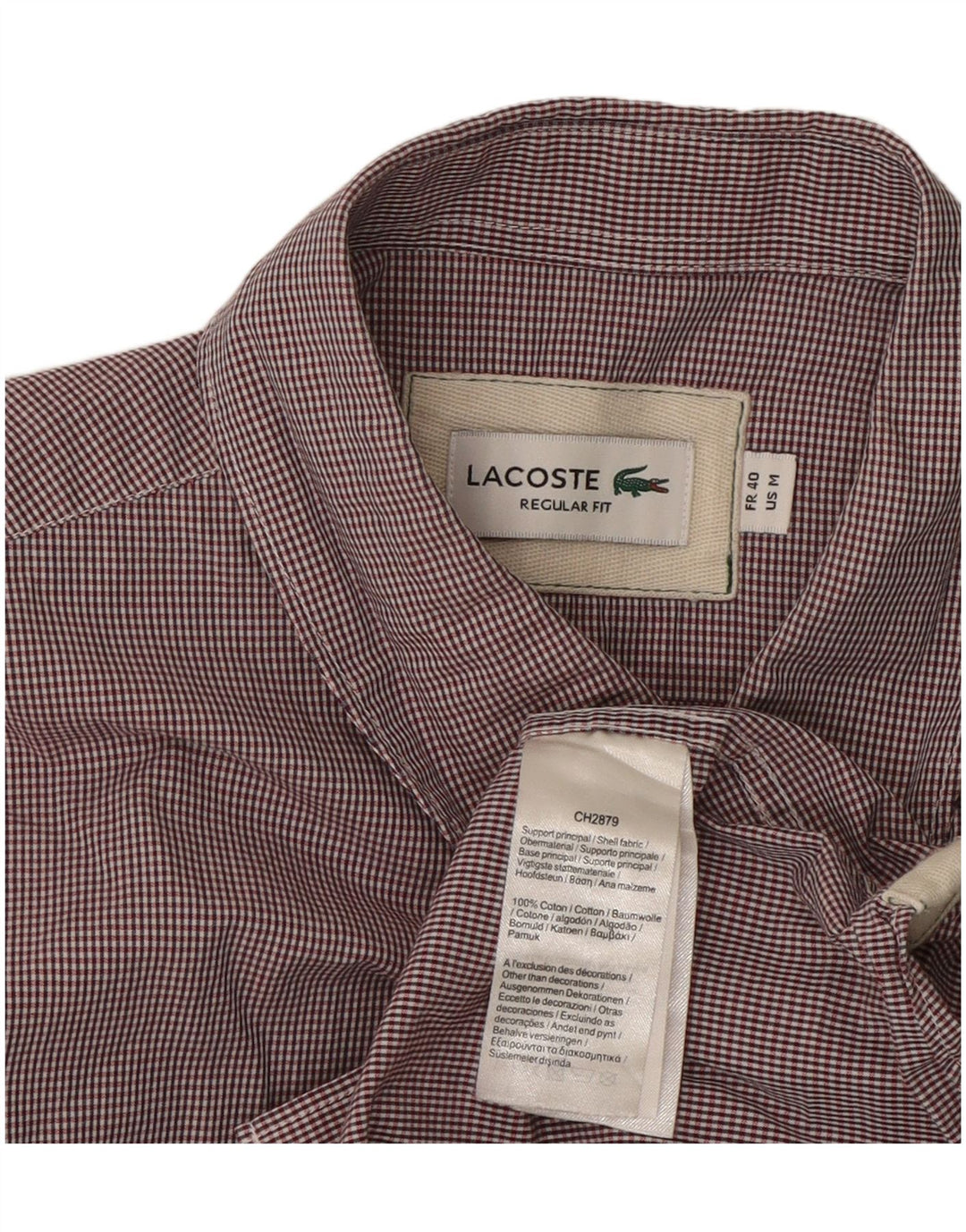 Lacoste Mens Short Sleeve Regular Fit Shirt Size 40 Medium Burgundy Check