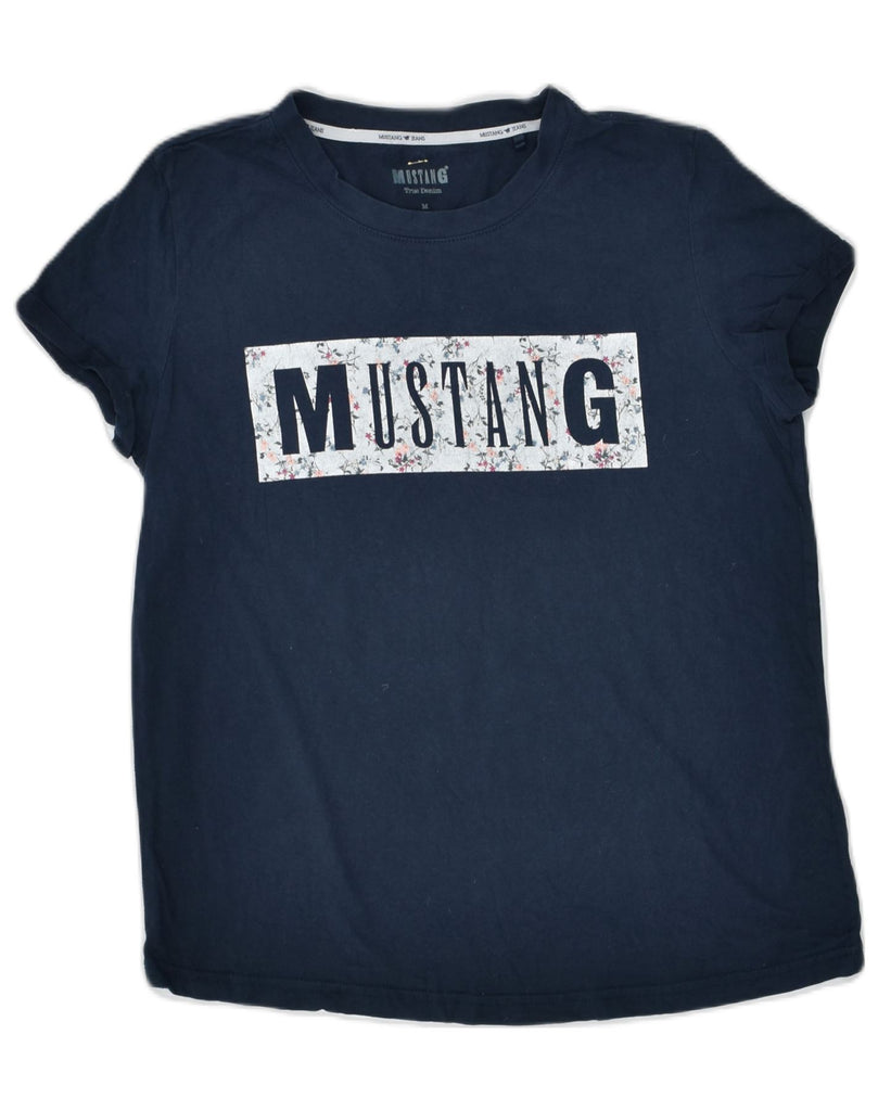 MUSTANG Womens Graphic T-Shirt Top UK 14 Medium Navy Blue Cotton | Vintage | Thrift | Second-Hand | Used Clothing | Messina Hembry 