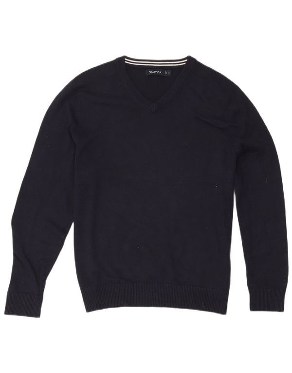 Nautica Mens V-Neck Jumper Sweater Medium Navy Blue Cotton