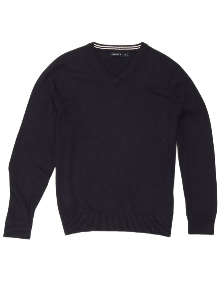 Nautica Mens V-Neck Jumper Sweater Medium Navy Blue Cotton
