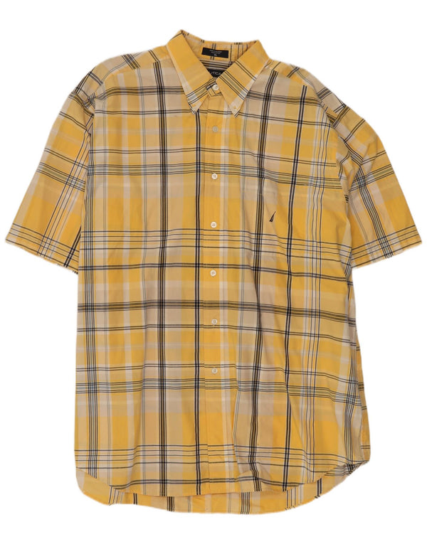 Nautica Mens Short Sleeve Shirt XL Yellow Check Cotton