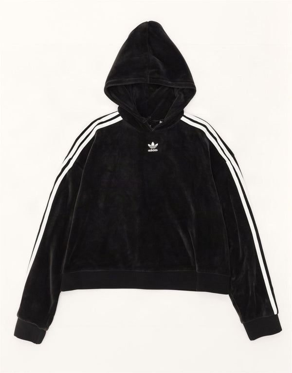 Adidas Womens Crop Velvet Oversized Hoodie Jumper UK 10 Small Black Cotton